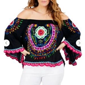 Ruby Yaya Embordered Shirt Blouse Womens Large Flare Sleeve Scalloped Hem Boho